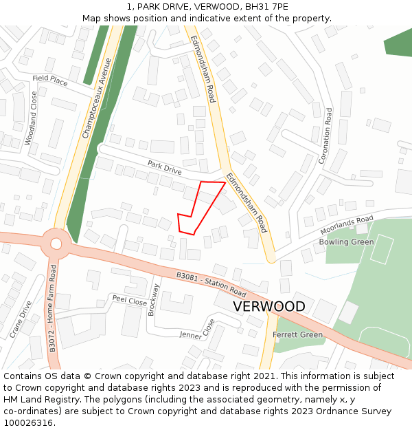 1, PARK DRIVE, VERWOOD, BH31 7PE: Location map and indicative extent of plot