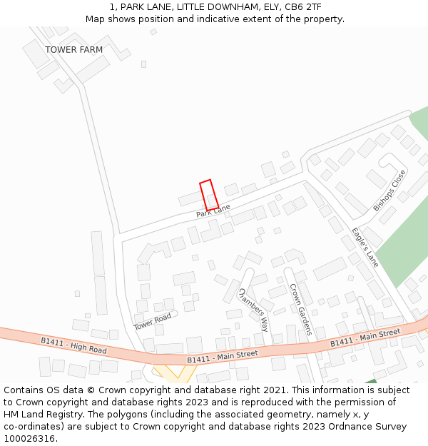 1, PARK LANE, LITTLE DOWNHAM, ELY, CB6 2TF: Location map and indicative extent of plot