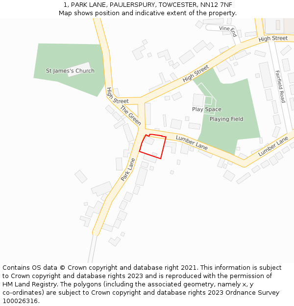 1, PARK LANE, PAULERSPURY, TOWCESTER, NN12 7NF: Location map and indicative extent of plot