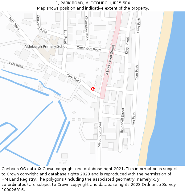 1, PARK ROAD, ALDEBURGH, IP15 5EX: Location map and indicative extent of plot