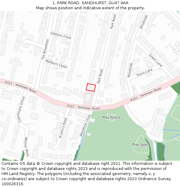 1, PARK ROAD, SANDHURST, GU47 9AA: Location map and indicative extent of plot