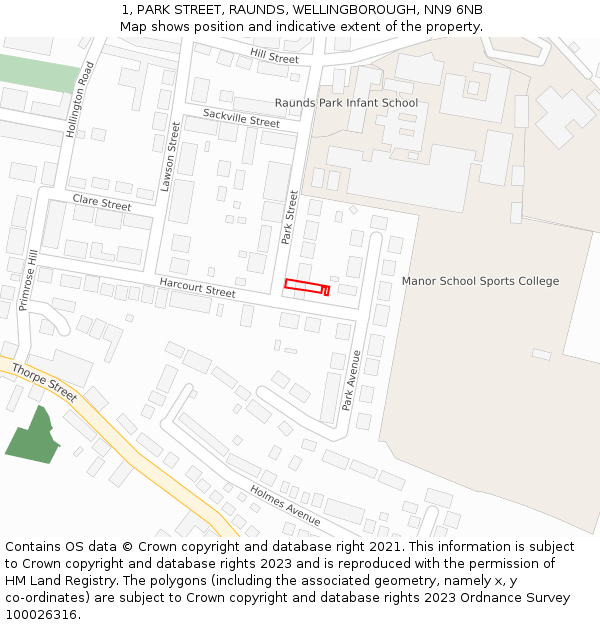1, PARK STREET, RAUNDS, WELLINGBOROUGH, NN9 6NB: Location map and indicative extent of plot