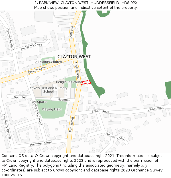 1, PARK VIEW, CLAYTON WEST, HUDDERSFIELD, HD8 9PX: Location map and indicative extent of plot