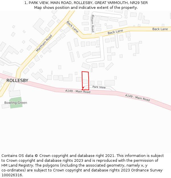 1, PARK VIEW, MAIN ROAD, ROLLESBY, GREAT YARMOUTH, NR29 5ER: Location map and indicative extent of plot
