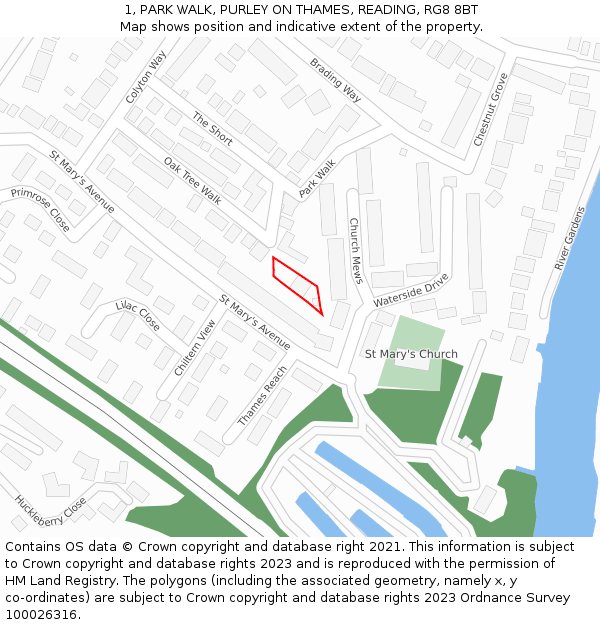 1, PARK WALK, PURLEY ON THAMES, READING, RG8 8BT: Location map and indicative extent of plot