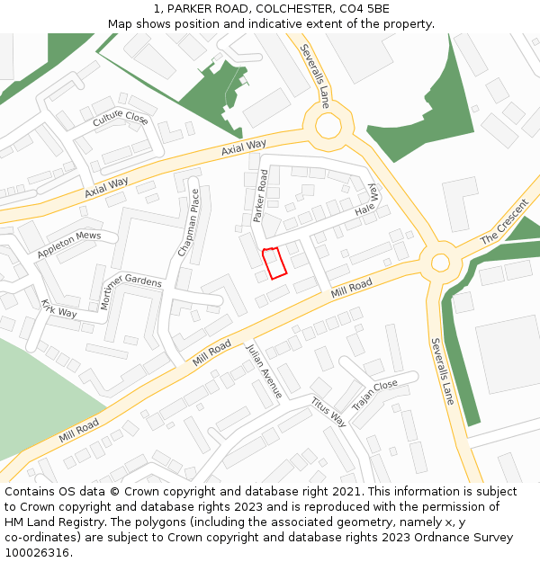 1, PARKER ROAD, COLCHESTER, CO4 5BE: Location map and indicative extent of plot