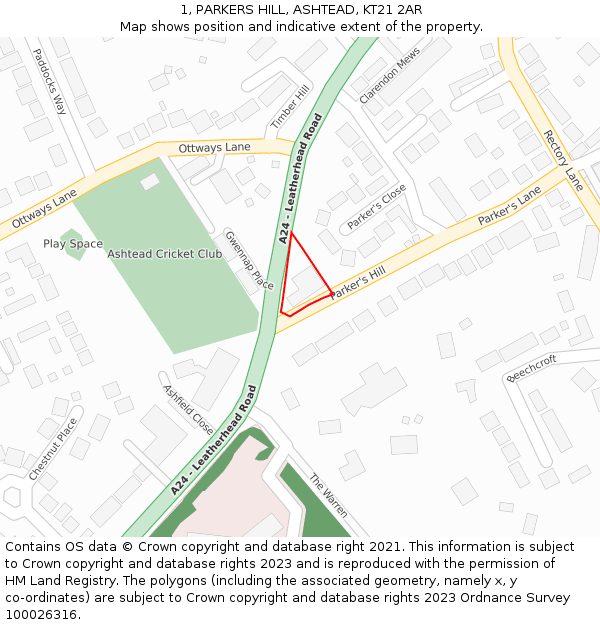 1, PARKERS HILL, ASHTEAD, KT21 2AR: Location map and indicative extent of plot