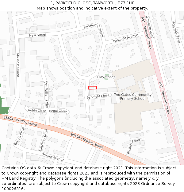 1, PARKFIELD CLOSE, TAMWORTH, B77 1HE: Location map and indicative extent of plot