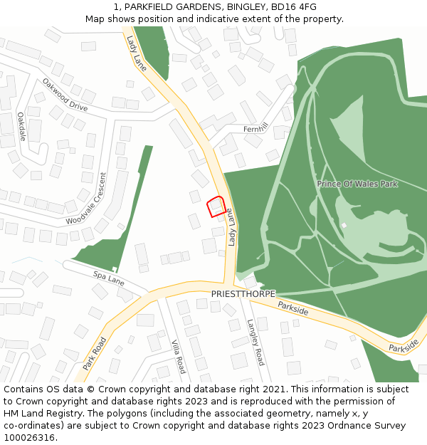 1, PARKFIELD GARDENS, BINGLEY, BD16 4FG: Location map and indicative extent of plot