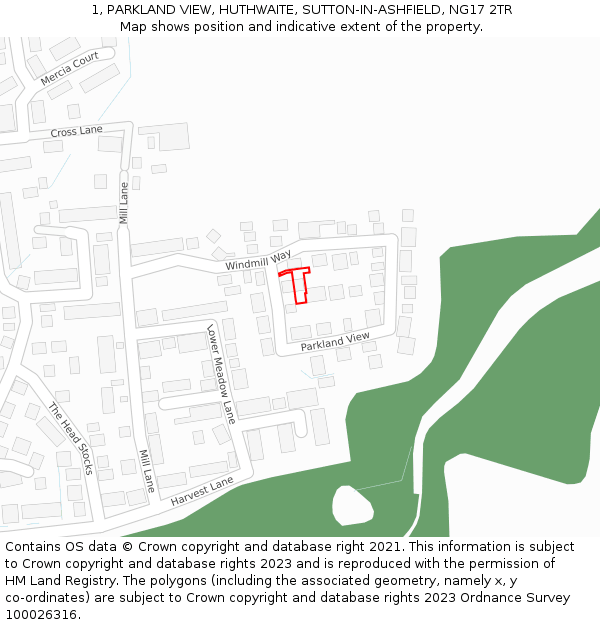 1, PARKLAND VIEW, HUTHWAITE, SUTTON-IN-ASHFIELD, NG17 2TR: Location map and indicative extent of plot