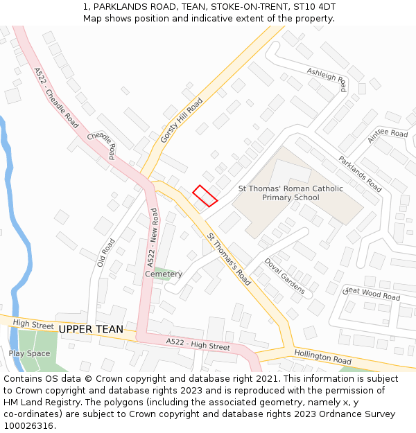 1, PARKLANDS ROAD, TEAN, STOKE-ON-TRENT, ST10 4DT: Location map and indicative extent of plot