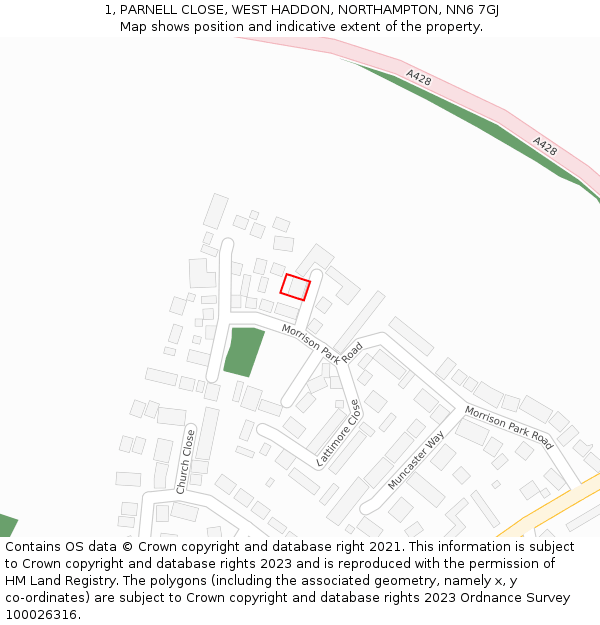 1, PARNELL CLOSE, WEST HADDON, NORTHAMPTON, NN6 7GJ: Location map and indicative extent of plot