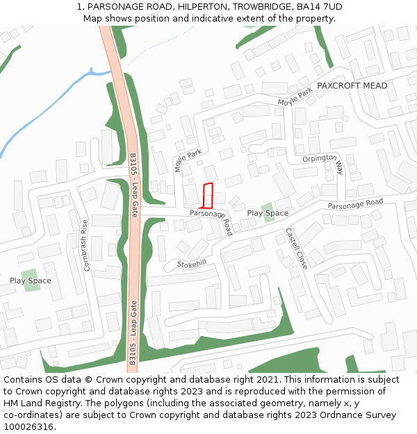1, PARSONAGE ROAD, HILPERTON, TROWBRIDGE, BA14 7UD: Location map and indicative extent of plot