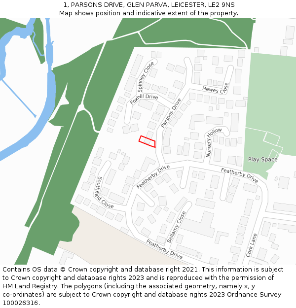 1, PARSONS DRIVE, GLEN PARVA, LEICESTER, LE2 9NS: Location map and indicative extent of plot
