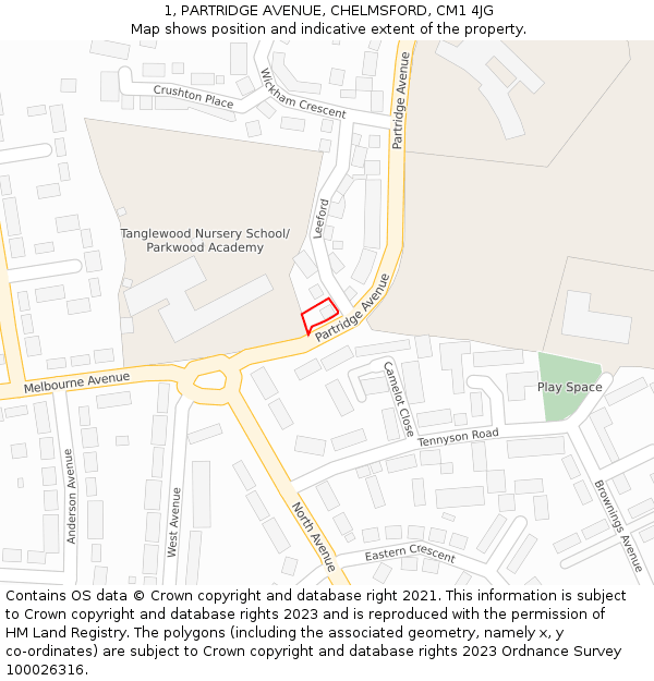 1, PARTRIDGE AVENUE, CHELMSFORD, CM1 4JG: Location map and indicative extent of plot