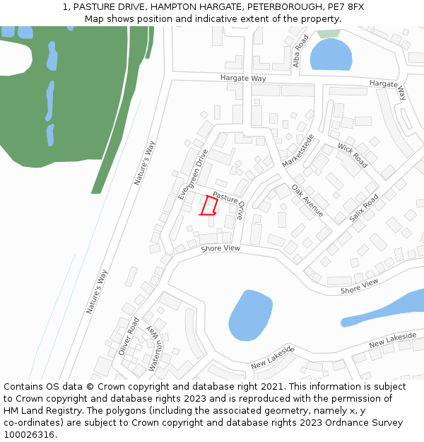 1, PASTURE DRIVE, HAMPTON HARGATE, PETERBOROUGH, PE7 8FX: Location map and indicative extent of plot