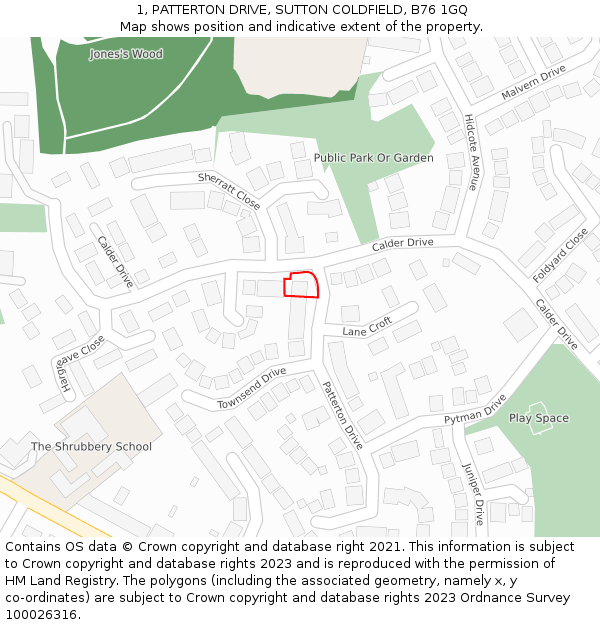 1, PATTERTON DRIVE, SUTTON COLDFIELD, B76 1GQ: Location map and indicative extent of plot