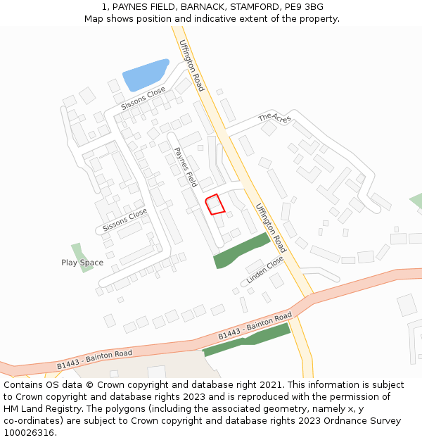 1, PAYNES FIELD, BARNACK, STAMFORD, PE9 3BG: Location map and indicative extent of plot
