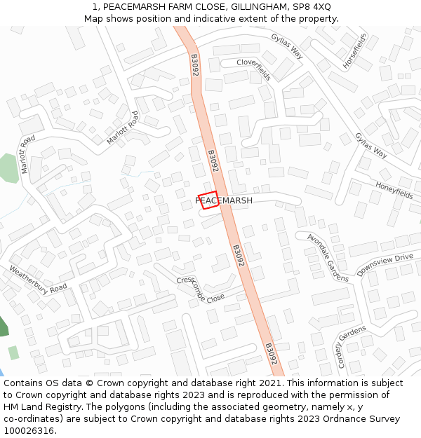 1, PEACEMARSH FARM CLOSE, GILLINGHAM, SP8 4XQ: Location map and indicative extent of plot
