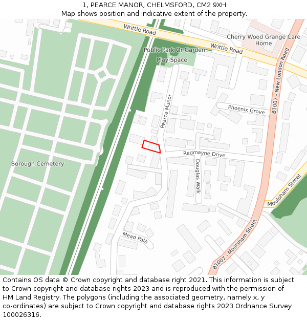 1, PEARCE MANOR, CHELMSFORD, CM2 9XH: Location map and indicative extent of plot