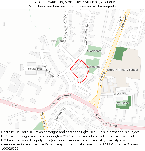 1, PEARSE GARDENS, MODBURY, IVYBRIDGE, PL21 0FX: Location map and indicative extent of plot