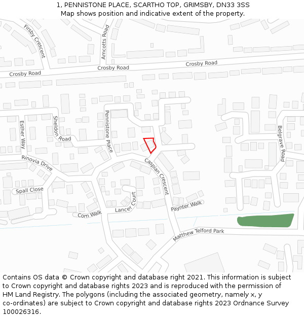 1, PENNISTONE PLACE, SCARTHO TOP, GRIMSBY, DN33 3SS: Location map and indicative extent of plot