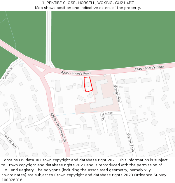 1, PENTIRE CLOSE, HORSELL, WOKING, GU21 4PZ: Location map and indicative extent of plot
