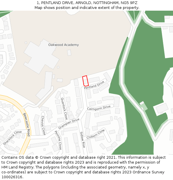 1, PENTLAND DRIVE, ARNOLD, NOTTINGHAM, NG5 9PZ: Location map and indicative extent of plot