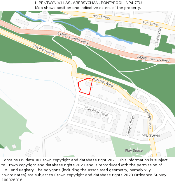 1, PENTWYN VILLAS, ABERSYCHAN, PONTYPOOL, NP4 7TU: Location map and indicative extent of plot