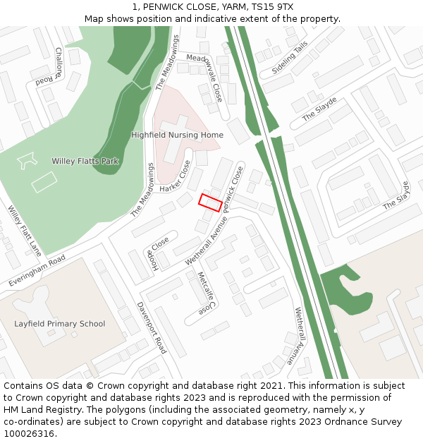 1, PENWICK CLOSE, YARM, TS15 9TX: Location map and indicative extent of plot