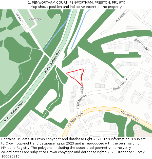1, PENWORTHAM COURT, PENWORTHAM, PRESTON, PR1 9YX: Location map and indicative extent of plot