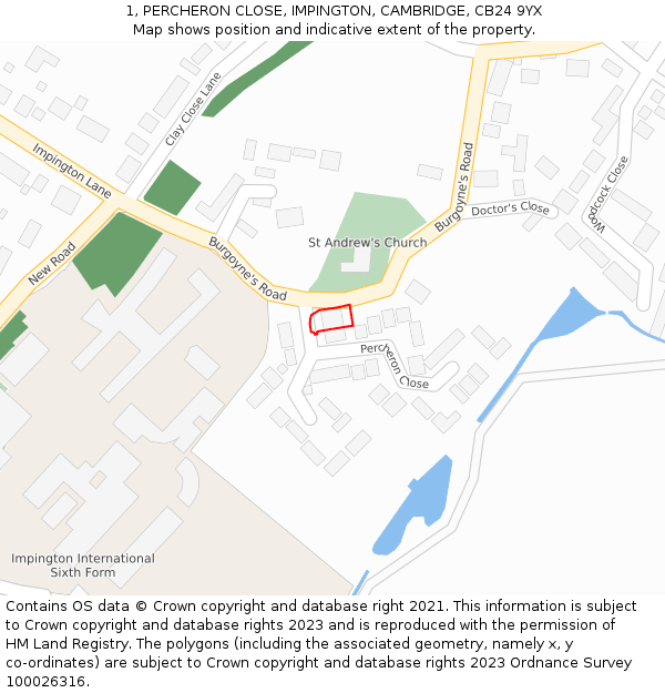 1, PERCHERON CLOSE, IMPINGTON, CAMBRIDGE, CB24 9YX: Location map and indicative extent of plot