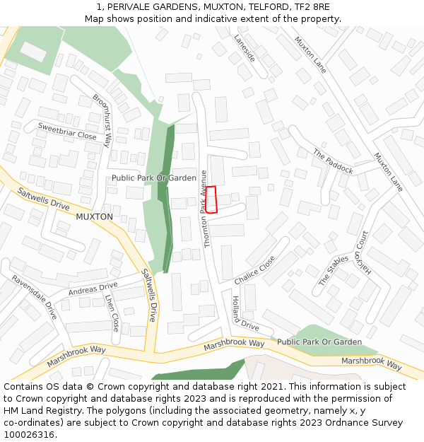 1, PERIVALE GARDENS, MUXTON, TELFORD, TF2 8RE: Location map and indicative extent of plot