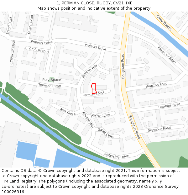 1, PERMIAN CLOSE, RUGBY, CV21 1XE: Location map and indicative extent of plot
