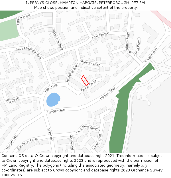 1, PERNYS CLOSE, HAMPTON HARGATE, PETERBOROUGH, PE7 8AL: Location map and indicative extent of plot