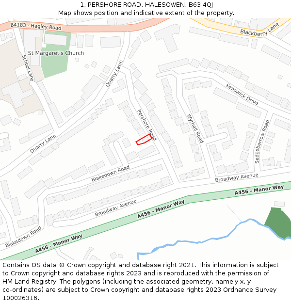 1, PERSHORE ROAD, HALESOWEN, B63 4QJ: Location map and indicative extent of plot