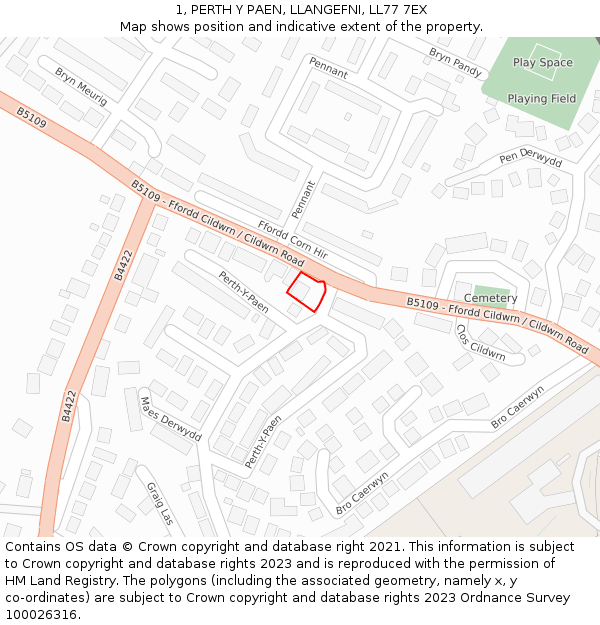 1, PERTH Y PAEN, LLANGEFNI, LL77 7EX: Location map and indicative extent of plot