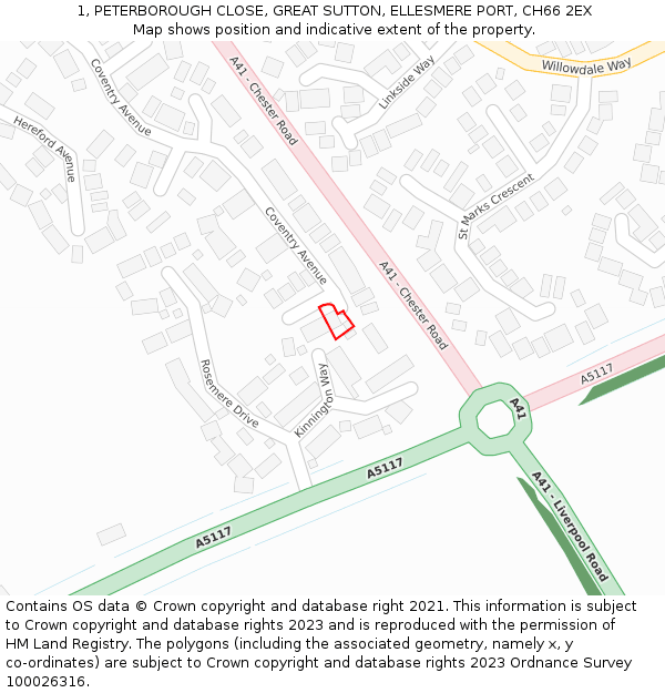 1, PETERBOROUGH CLOSE, GREAT SUTTON, ELLESMERE PORT, CH66 2EX: Location map and indicative extent of plot