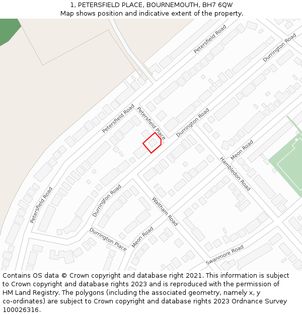1, PETERSFIELD PLACE, BOURNEMOUTH, BH7 6QW: Location map and indicative extent of plot