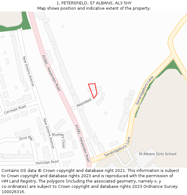 1, PETERSFIELD, ST ALBANS, AL3 5HY: Location map and indicative extent of plot
