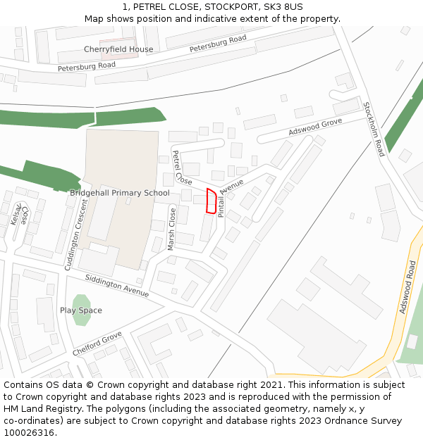 1, PETREL CLOSE, STOCKPORT, SK3 8US: Location map and indicative extent of plot