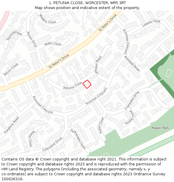 1, PETUNIA CLOSE, WORCESTER, WR5 3RT: Location map and indicative extent of plot
