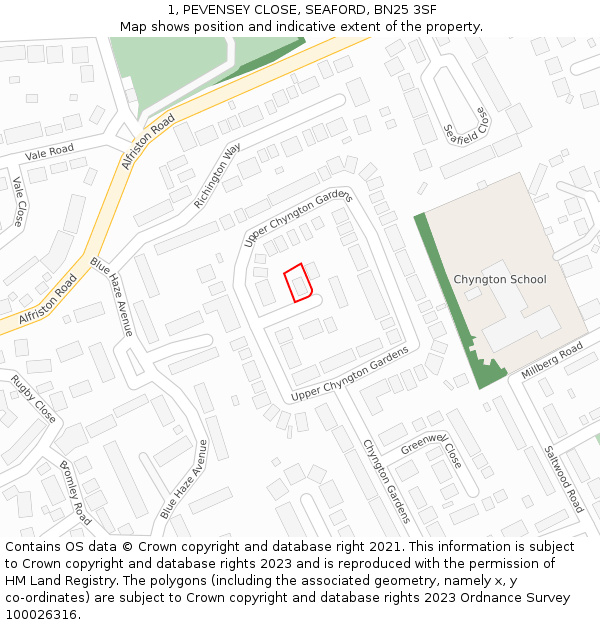 1, PEVENSEY CLOSE, SEAFORD, BN25 3SF: Location map and indicative extent of plot