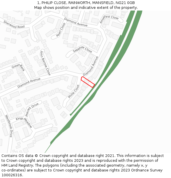 1, PHILIP CLOSE, RAINWORTH, MANSFIELD, NG21 0GB: Location map and indicative extent of plot