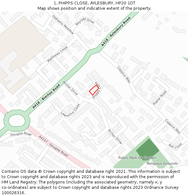 1, PHIPPS CLOSE, AYLESBURY, HP20 1DT: Location map and indicative extent of plot