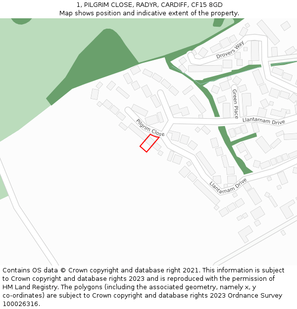 1, PILGRIM CLOSE, RADYR, CARDIFF, CF15 8GD: Location map and indicative extent of plot