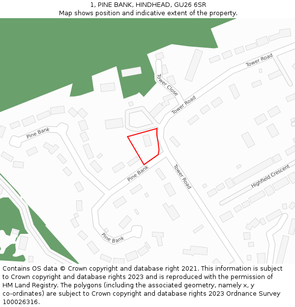 1, PINE BANK, HINDHEAD, GU26 6SR: Location map and indicative extent of plot