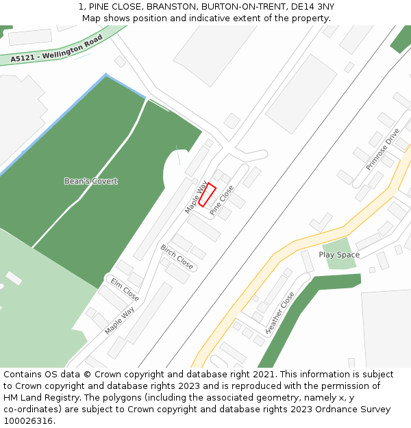 1, PINE CLOSE, BRANSTON, BURTON-ON-TRENT, DE14 3NY: Location map and indicative extent of plot