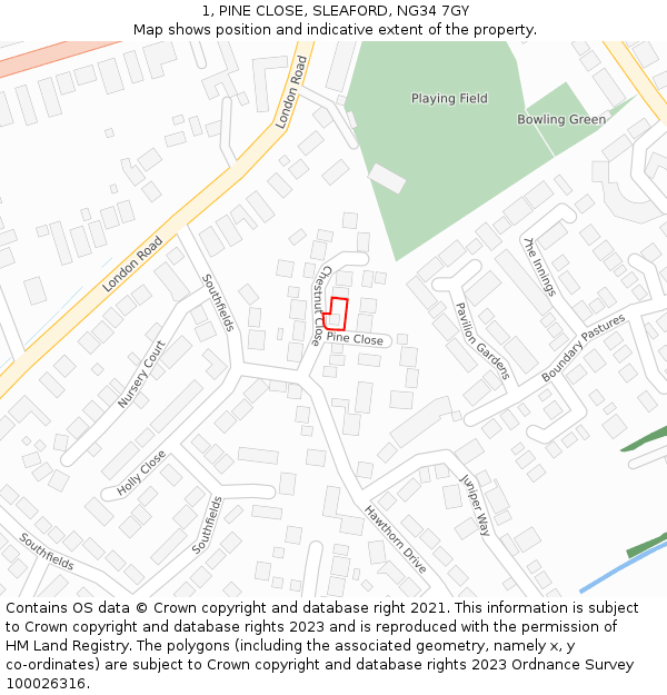 1, PINE CLOSE, SLEAFORD, NG34 7GY: Location map and indicative extent of plot