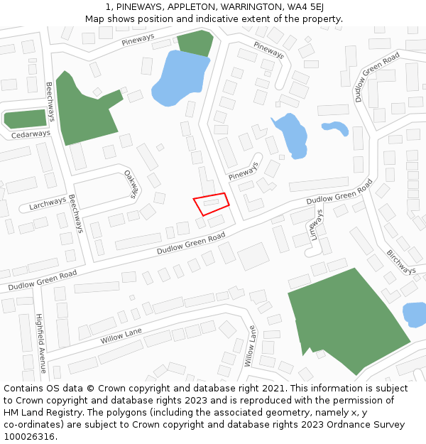 1, PINEWAYS, APPLETON, WARRINGTON, WA4 5EJ: Location map and indicative extent of plot